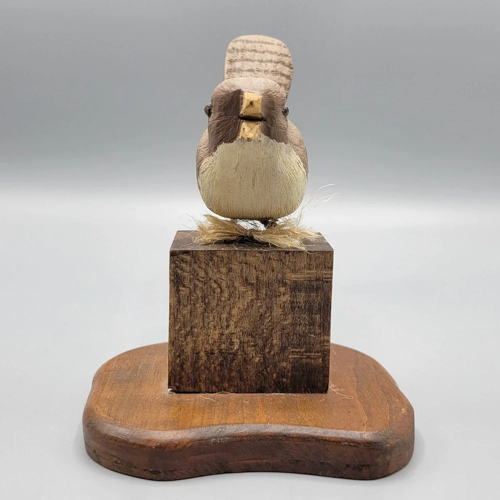 Vintage Handcrafted Wooden Bird Figurine On Base Home Shelf Decor